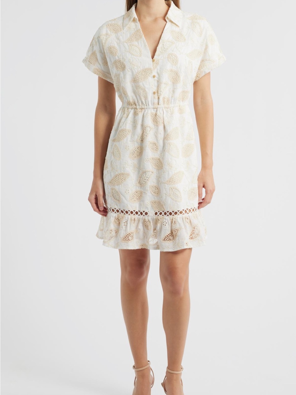 Sam Edelman Eyelet Collared Midi shirt Dress Cream,Tan Embroideryis 100% cotton